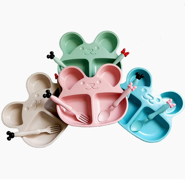 Wheat straw plates baby training bowl plate+spoon+fork cute bear baby tableware set kids dishes OPP packaging