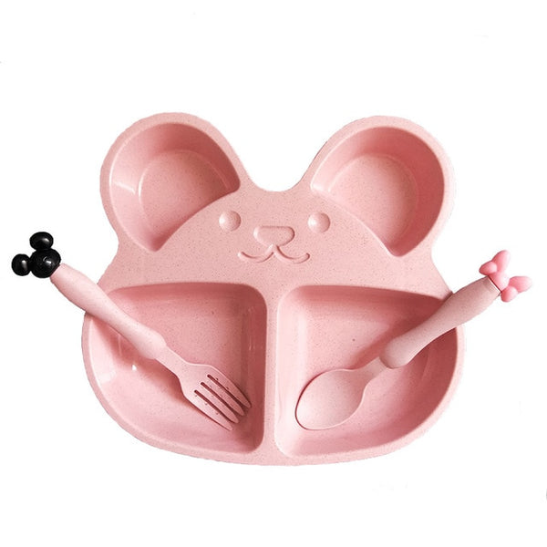 Wheat straw plates baby training bowl plate+spoon+fork cute bear baby tableware set kids dishes OPP packaging
